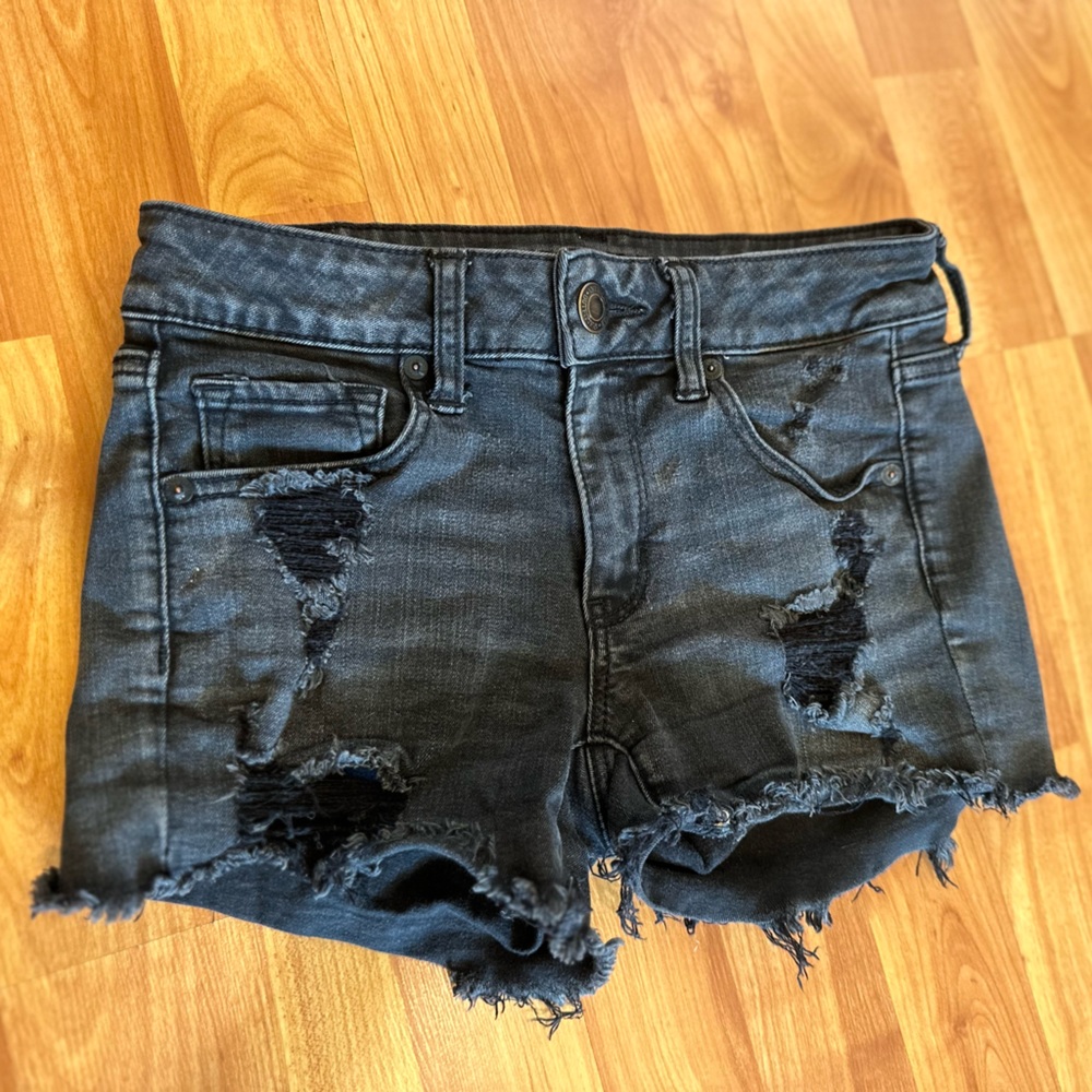 American Eagle AE Distressed Black Midi Shorts